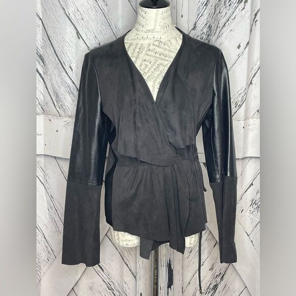 Laundry by Shelli Segal Black Faux Leather & Suede Wrap Jacket 12 - Picture 1 of 8